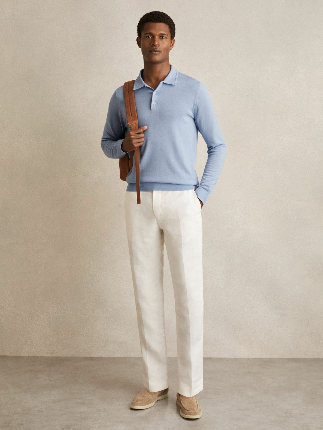 Reiss Merino Wool Long-Sleeve Polo Shirt in Soft Blue
