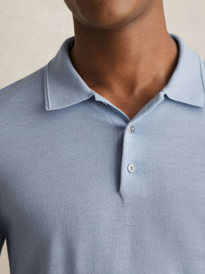 Reiss Merino Wool Long-Sleeve Polo Shirt in Soft Blue
