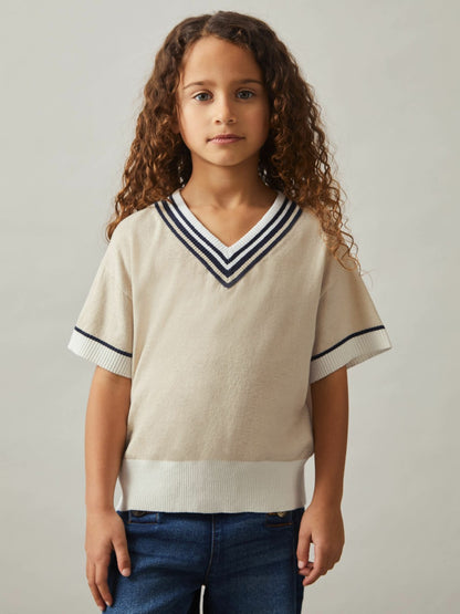 Reiss 4-9 yrs Cotton-Linen Knit V-Neck Cricket Top in Neutral