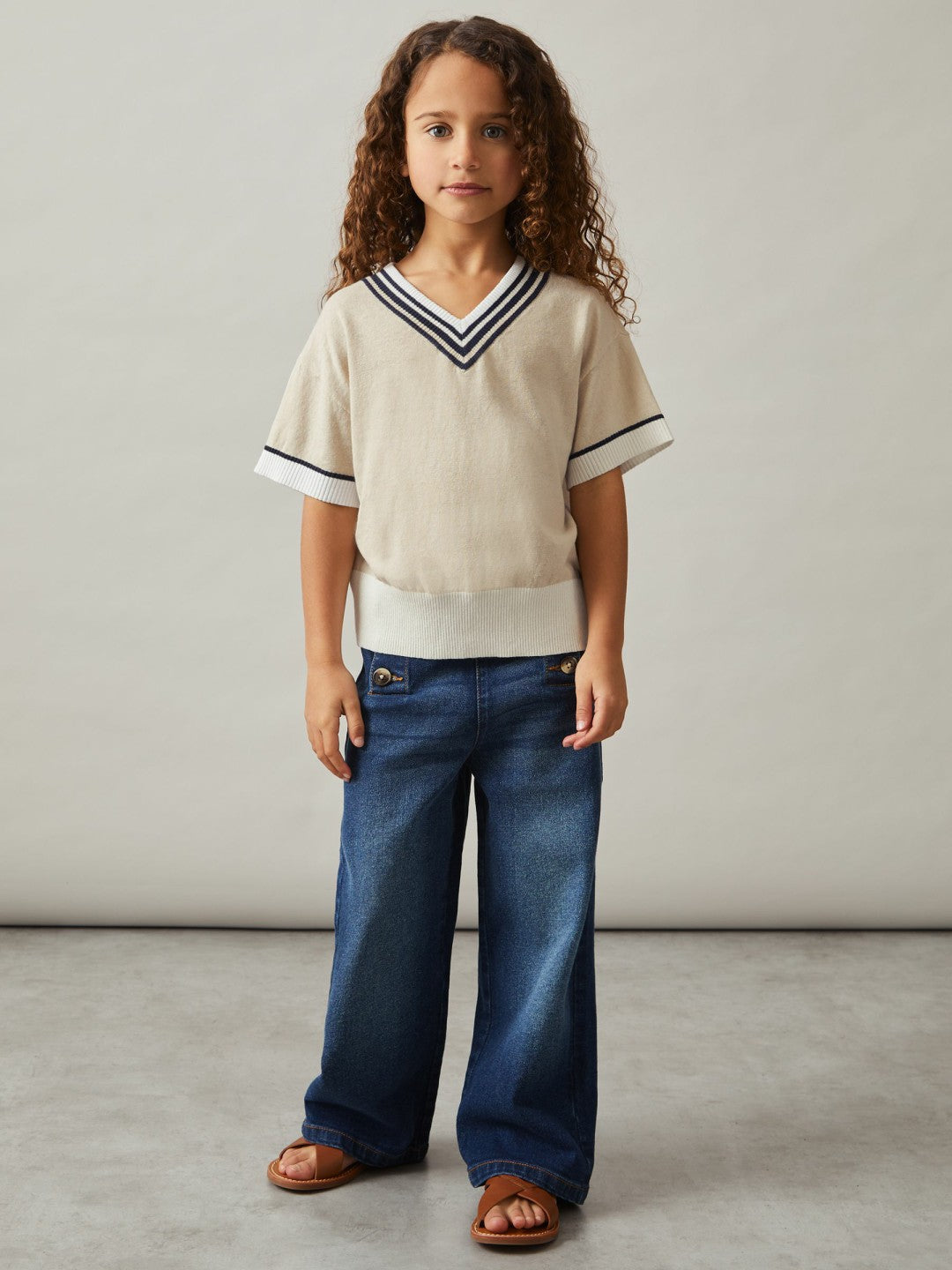 Reiss 4-9 yrs Cotton-Linen Knit V-Neck Cricket Top in Neutral