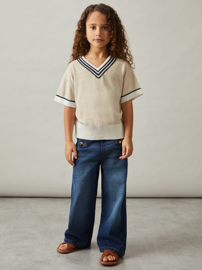 Reiss 4-9 yrs Cotton-Linen Knit V-Neck Cricket Top in Neutral