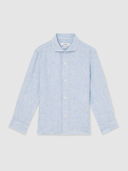 Reiss 13-14 yrs Linen Cutaway Collar Shirt in Blue/White Stripe