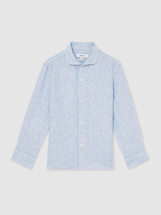 Reiss 13-14 yrs Linen Cutaway Collar Shirt in Blue/White Stripe