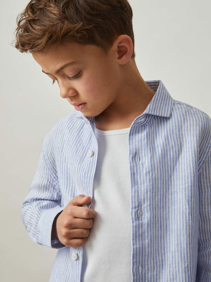 Reiss 13-14 yrs Linen Cutaway Collar Shirt in Blue/White Stripe
