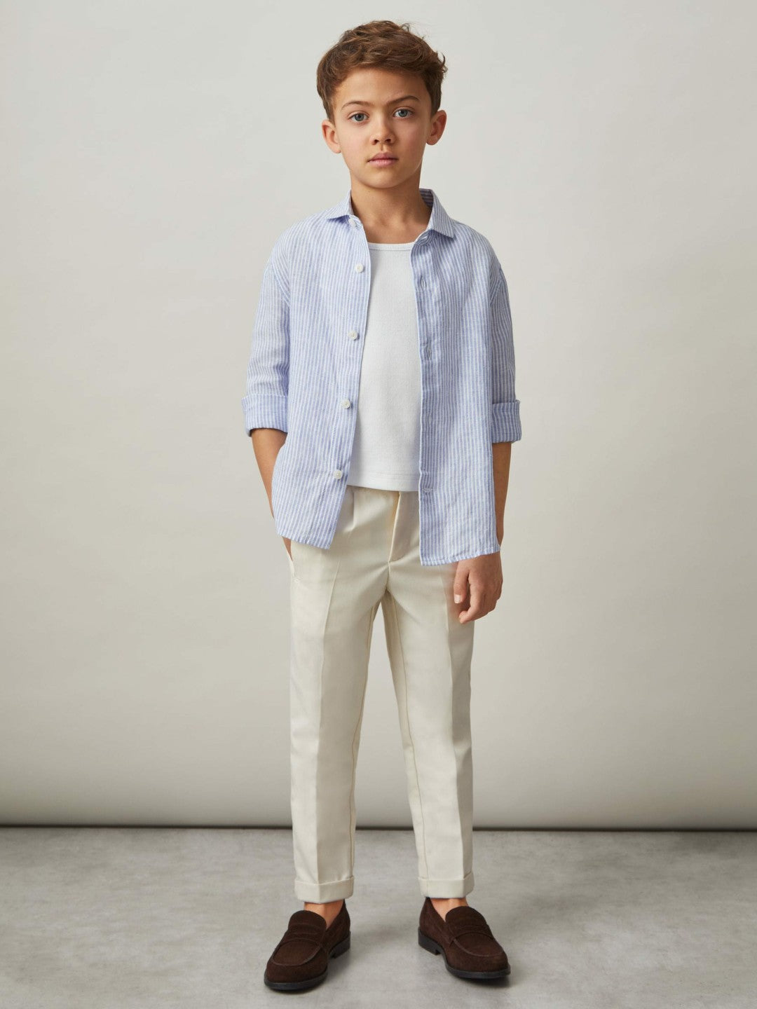 Reiss 13-14 yrs Linen Cutaway Collar Shirt in Blue/White Stripe