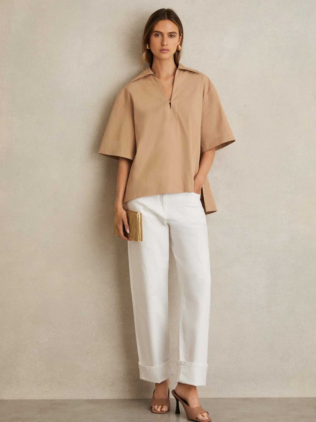 Reiss Cotton Blend Craft Stitch Collared Top in Camel