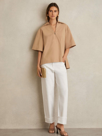 Reiss Cotton Blend Craft Stitch Collared Top in Camel