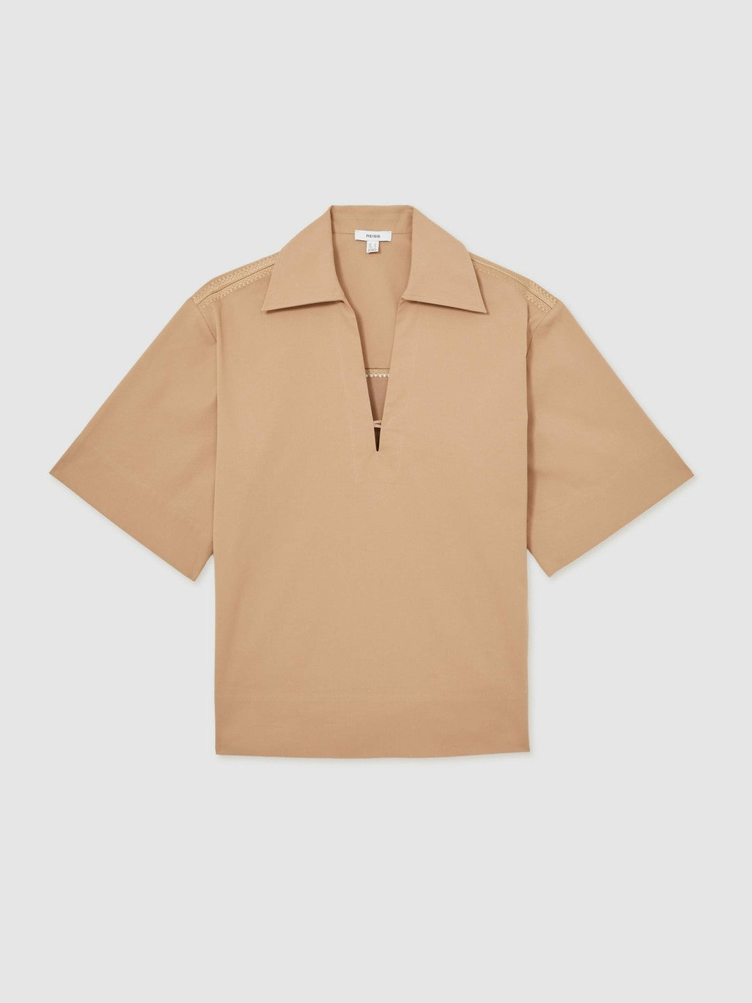 Reiss Cotton Blend Craft Stitch Collared Top in Camel