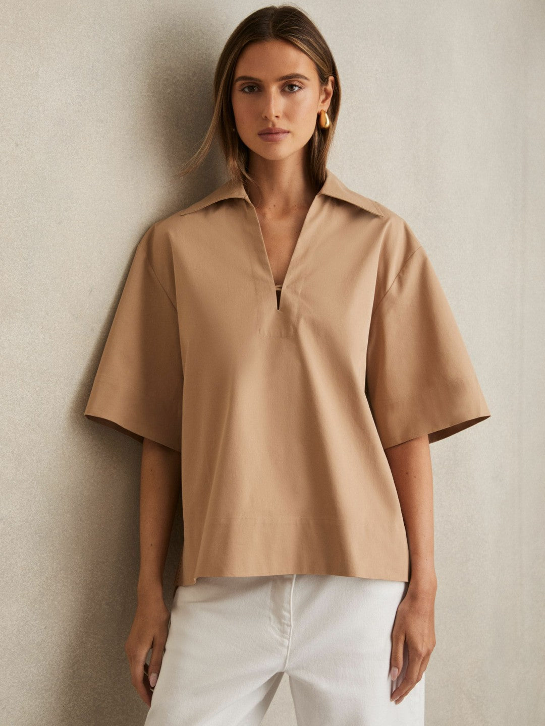 Reiss Cotton Blend Craft Stitch Collared Top in Camel