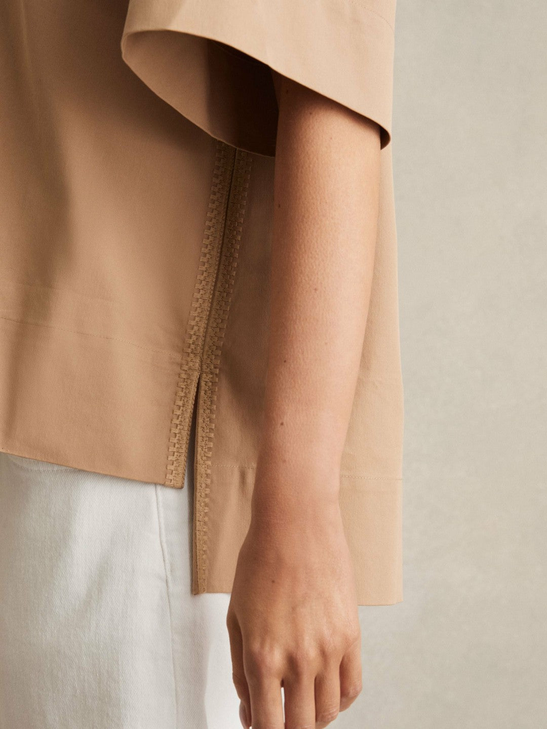 Reiss Cotton Blend Craft Stitch Collared Top in Camel