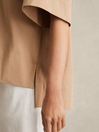Reiss Cotton Blend Craft Stitch Collared Top in Camel