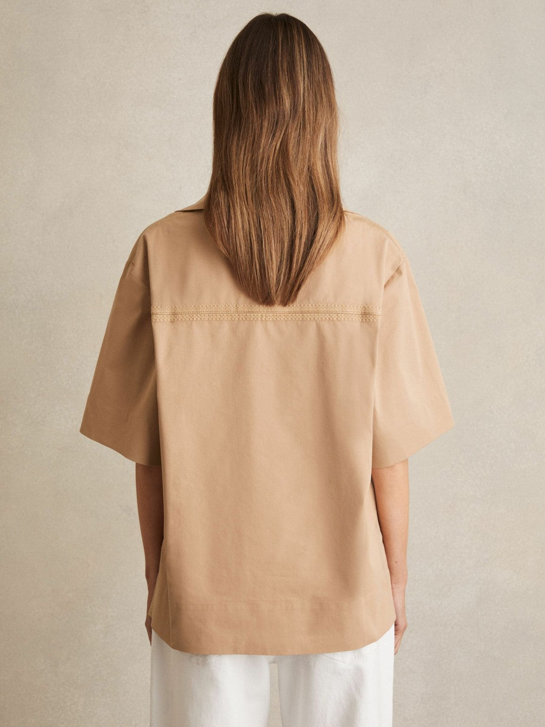 Reiss Cotton Blend Craft Stitch Collared Top in Camel