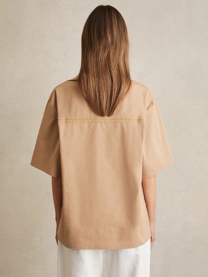 Reiss Cotton Blend Craft Stitch Collared Top in Camel
