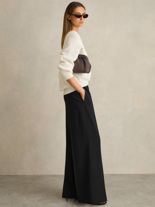 Reiss Petite Wide-Leg Elasticated-Waist Trousers in Navy