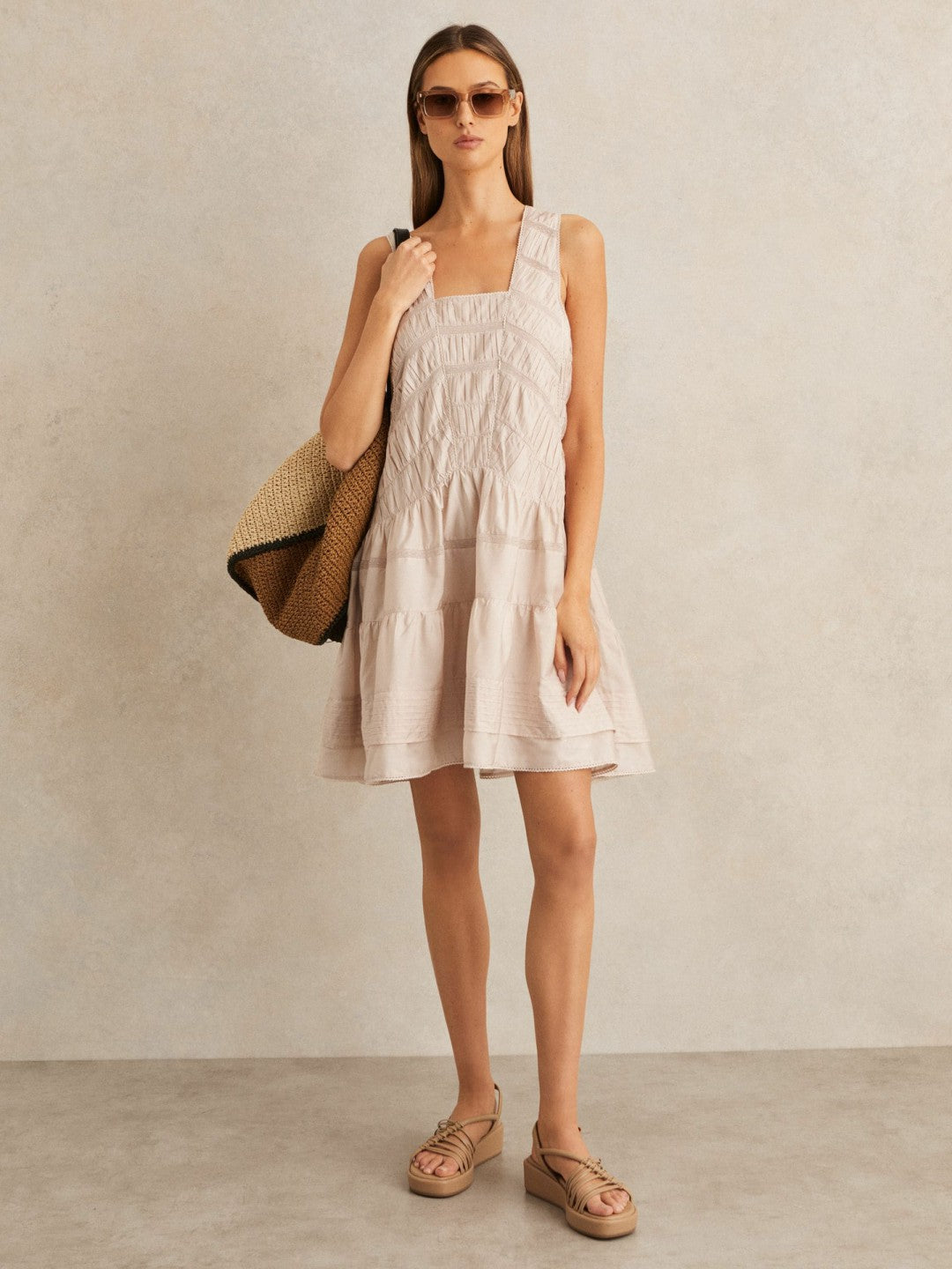 Reiss Shirred Ruffle Hem Mini Dress in Neutral