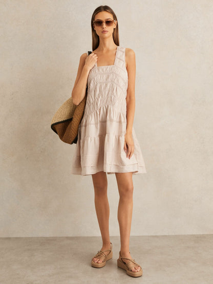 Reiss Shirred Ruffle Hem Mini Dress in Neutral