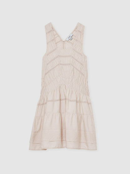 Reiss Shirred Ruffle Hem Mini Dress in Neutral