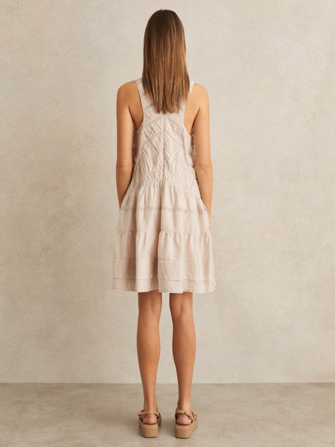 Reiss Shirred Ruffle Hem Mini Dress in Neutral