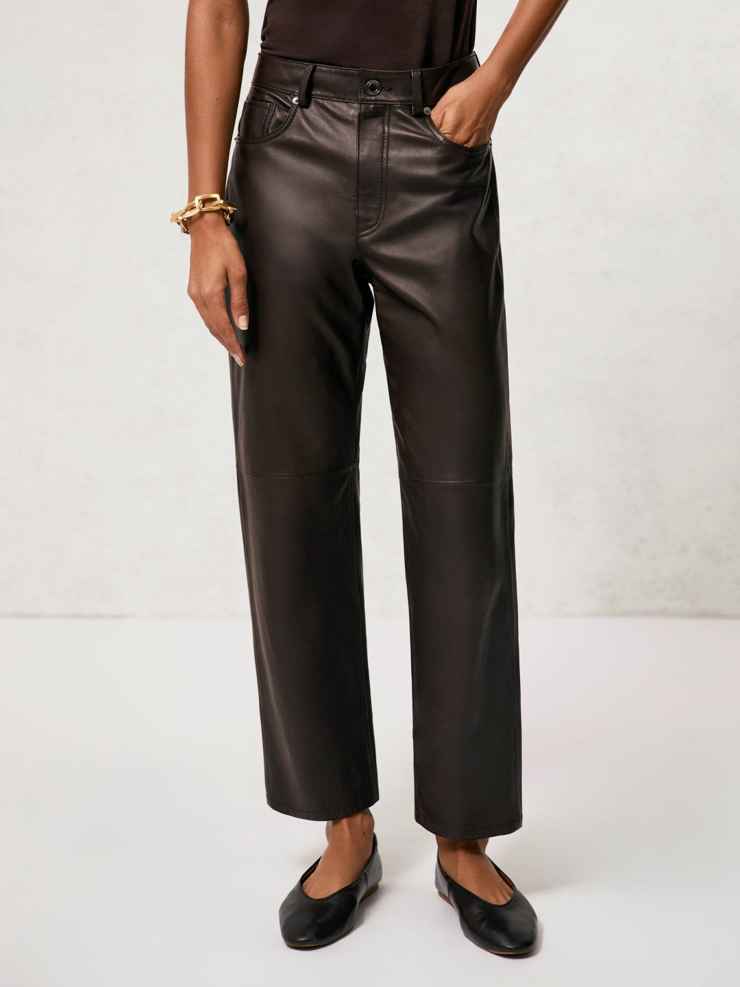 Reiss Petite Leather Slim-Leg Trousers in Chocolate