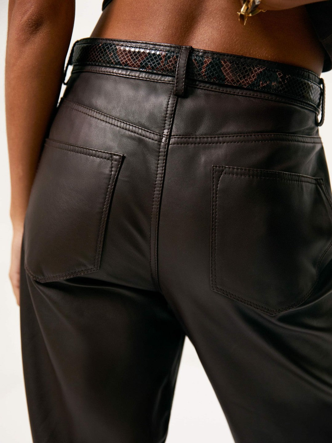 Reiss Petite Leather Slim-Leg Trousers in Chocolate