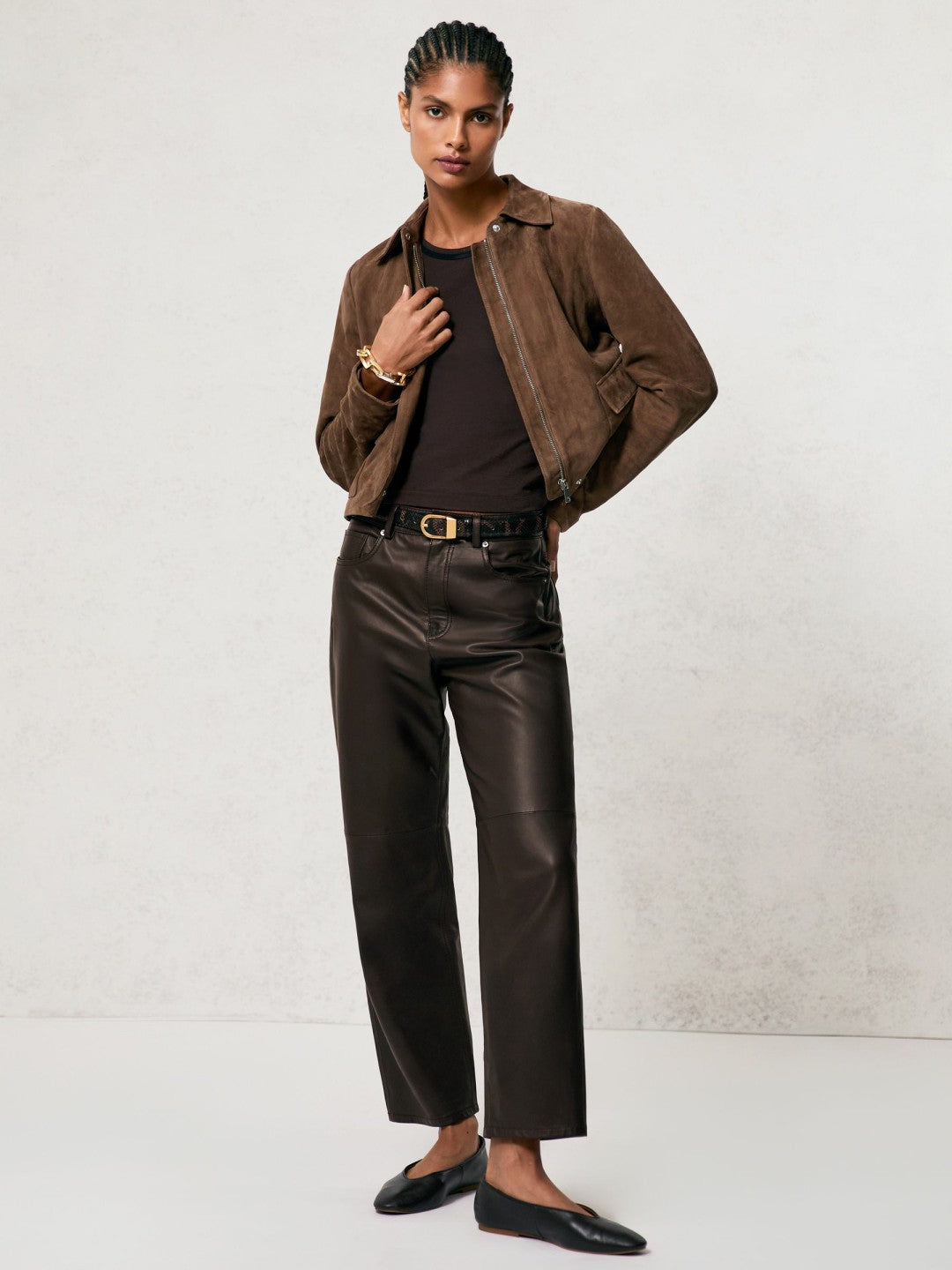 Reiss Petite Leather Slim-Leg Trousers in Chocolate