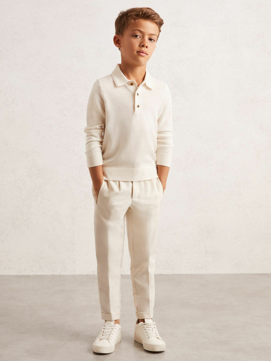Reiss 4-9 yrs Merino Wool Long-Sleeve Polo Shirt in Snow