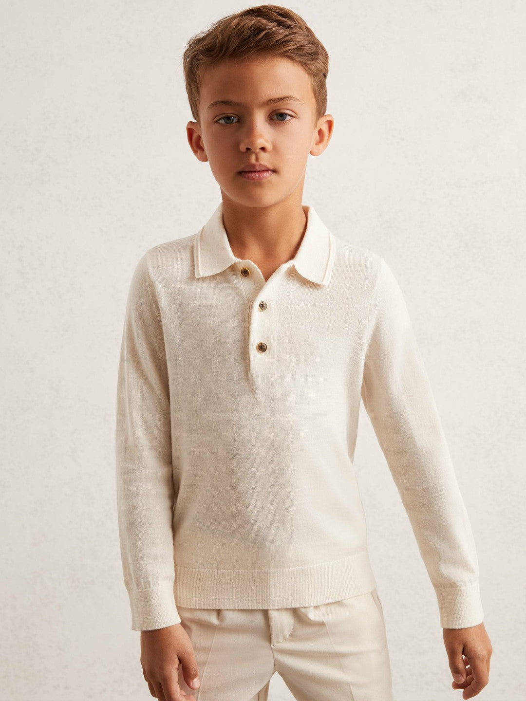 Reiss 4-9 yrs Merino Wool Long-Sleeve Polo Shirt in Snow
