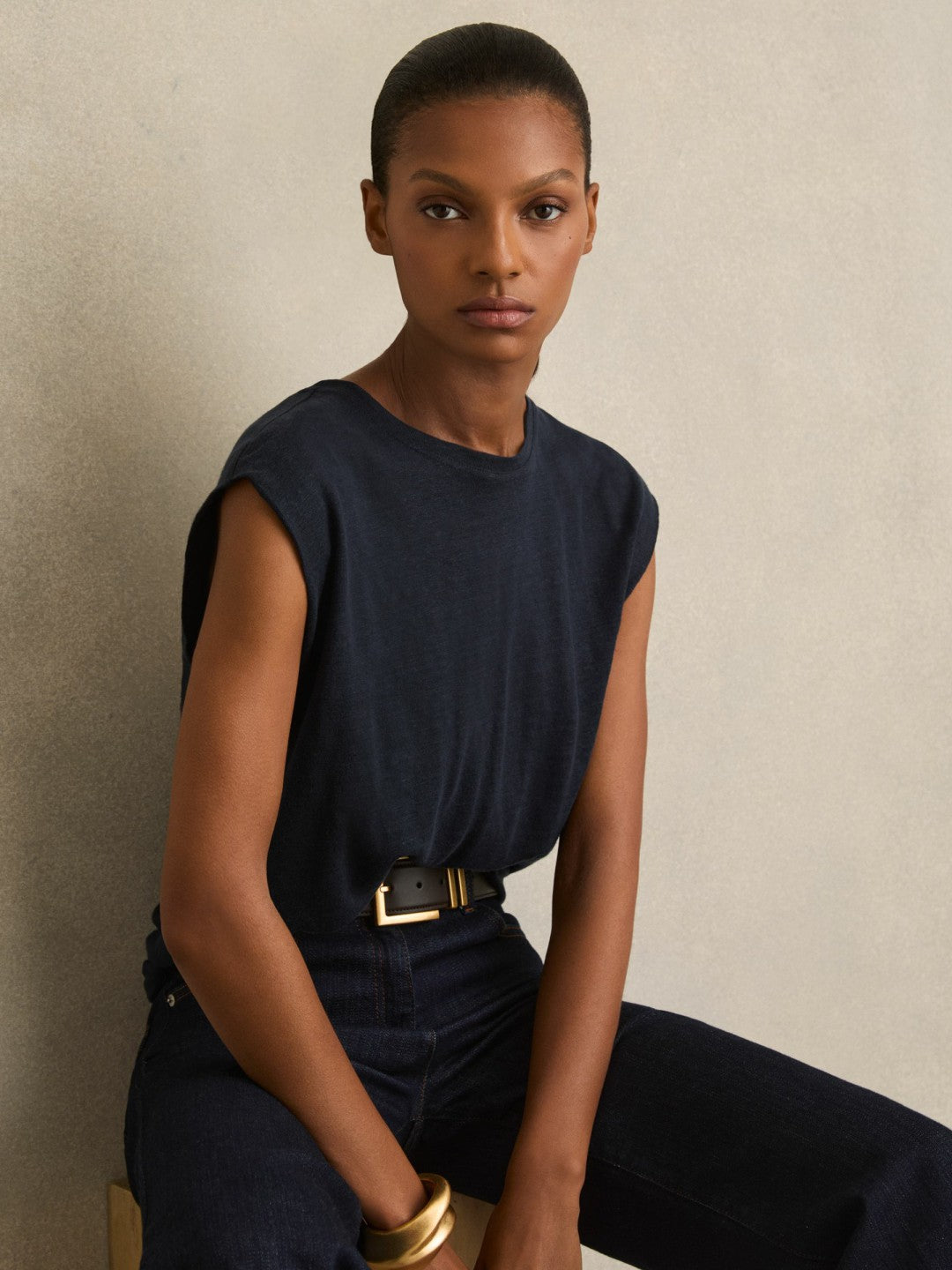 Reiss Linen Cap-Sleeve T-Shirt in Navy
