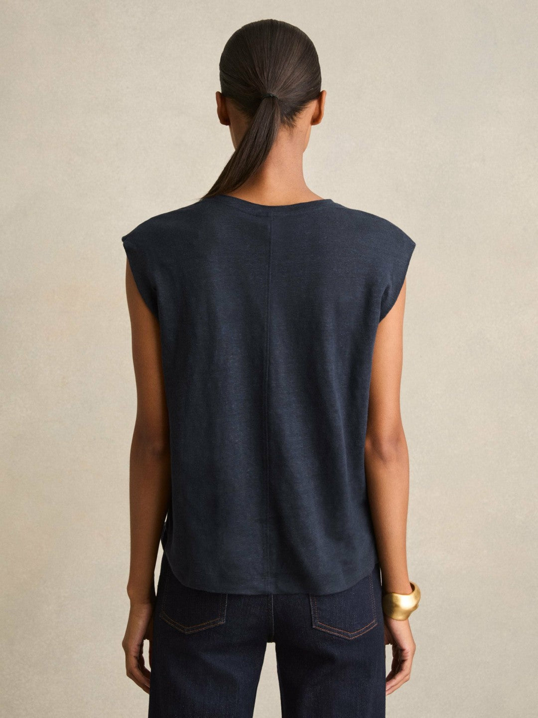 Reiss Linen Cap-Sleeve T-Shirt in Navy