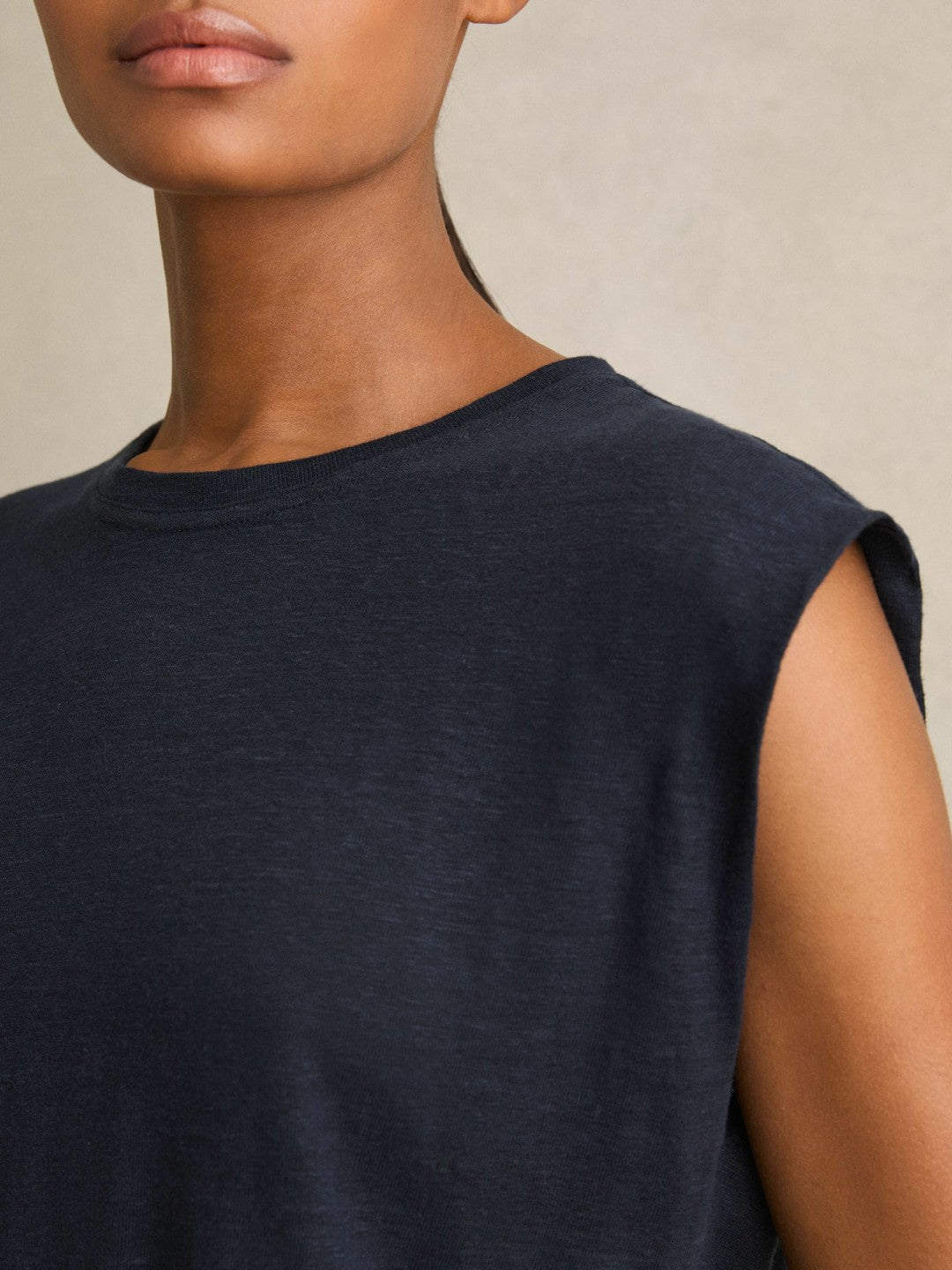 Reiss Linen Cap-Sleeve T-Shirt in Navy