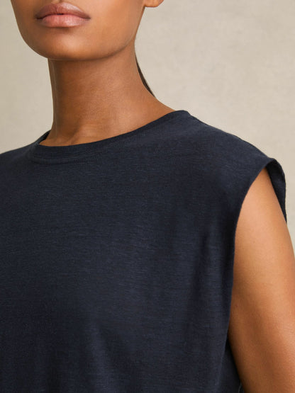 Reiss Linen Cap-Sleeve T-Shirt in Navy