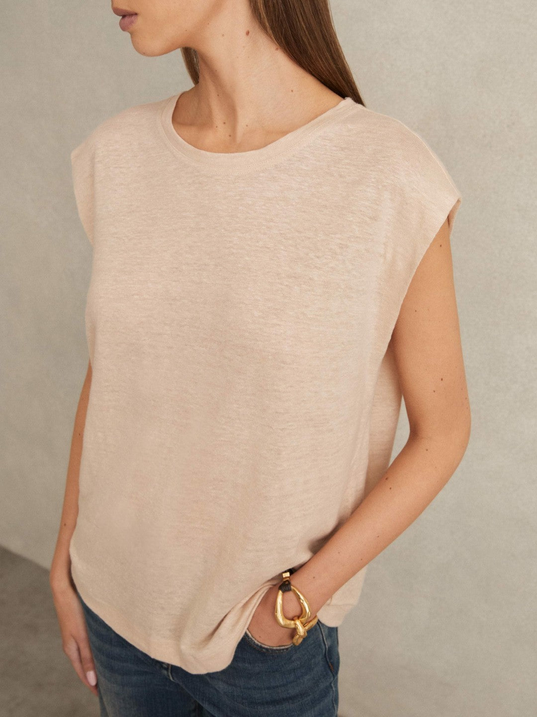 Reiss Linen Cap-Sleeve T-Shirt in Peach