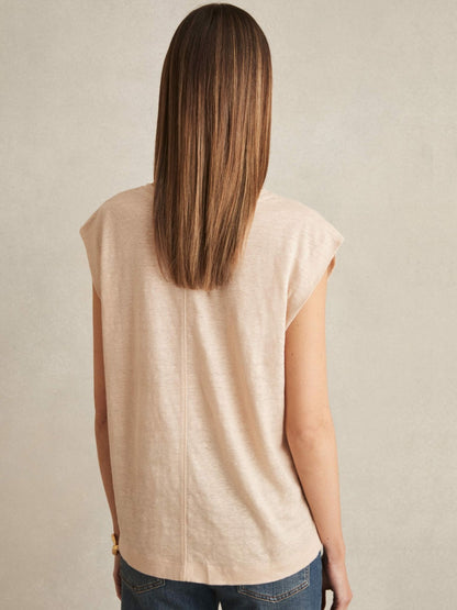 Reiss Linen Cap-Sleeve T-Shirt in Peach