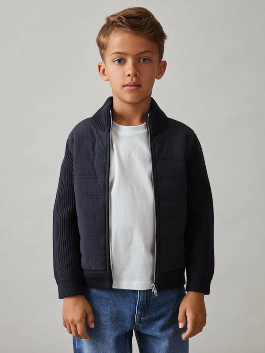 Reiss 3-9 yrs Hybrid Quilt and Knit Zip Through Jacket in Navy