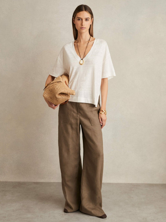 Reiss Linen V-Neck T-Shirt in White