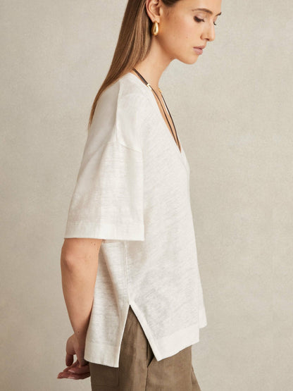 Reiss Linen V-Neck T-Shirt in White