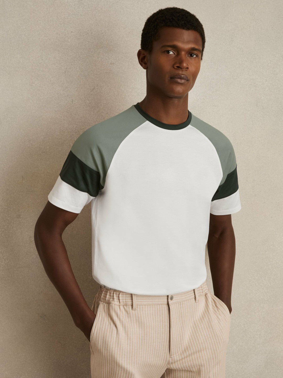 Reiss Mercerised-Cotton Colourblock T-Shirt in White/Sage