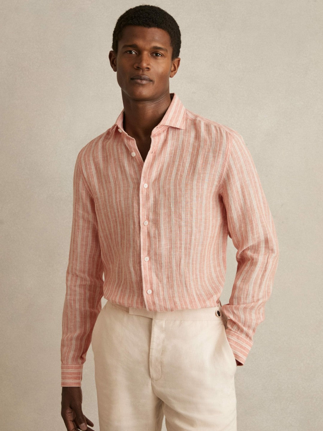 Reiss Linen Striped Long Sleeve Shirt in Pink Rose/White Bengal Stripe
