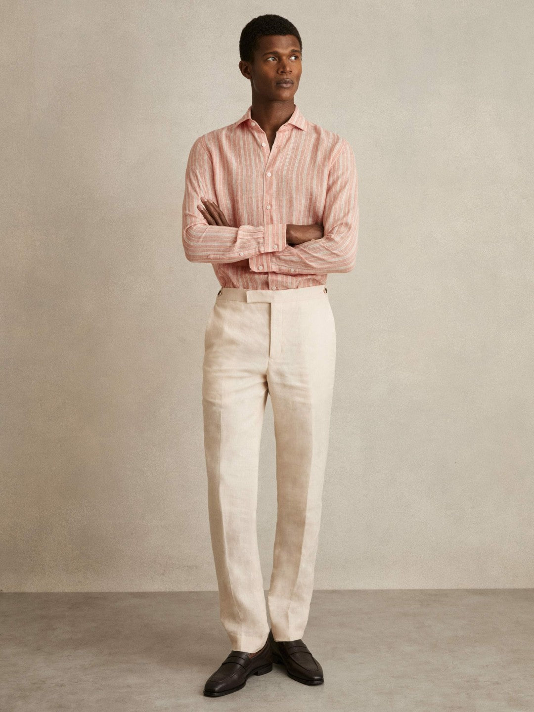 Reiss Linen Striped Long Sleeve Shirt in Pink Rose/White Bengal Stripe