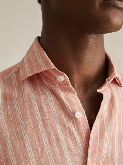 Reiss Linen Striped Long Sleeve Shirt in Pink Rose/White Bengal Stripe