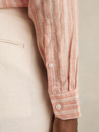 Reiss Linen Striped Long Sleeve Shirt in Pink Rose/White Bengal Stripe