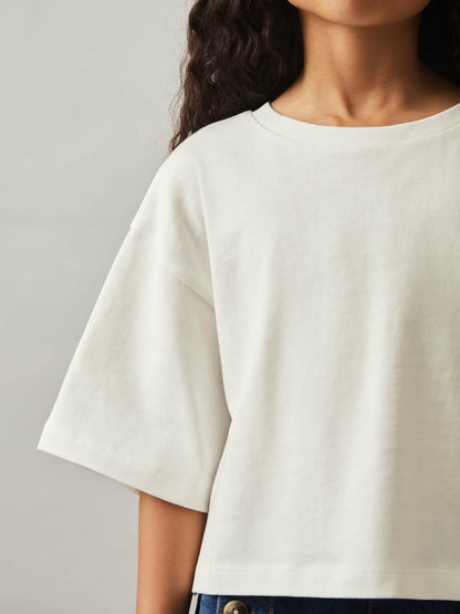 Reiss 4-9 yrs Oversize Cotton Cropped T-Shirt in Ivory