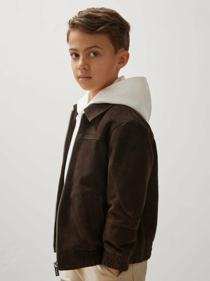 Reiss 13-14 yrs Unisex Fit McLaren F1 Team Suede Bomber Jacket in Distressed Brown