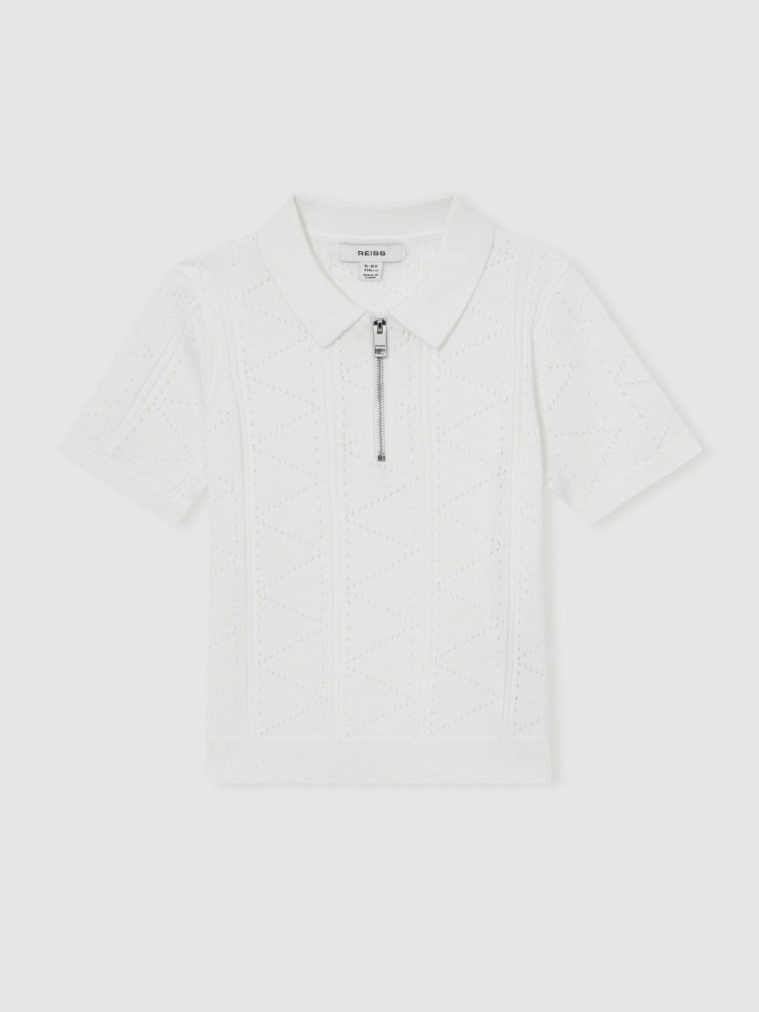 Reiss 9-13 yrs Half-Zip Pointelle Polo Shirt in Off White