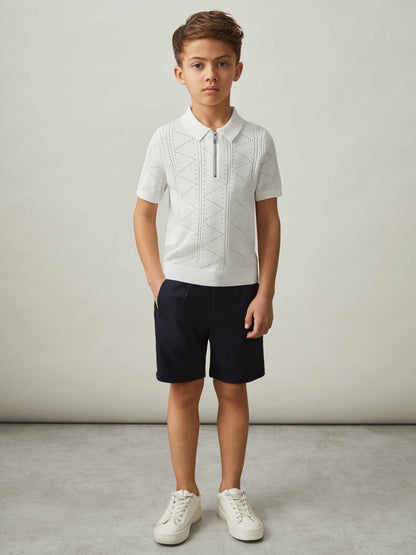 Reiss 9-13 yrs Half-Zip Pointelle Polo Shirt in Off White