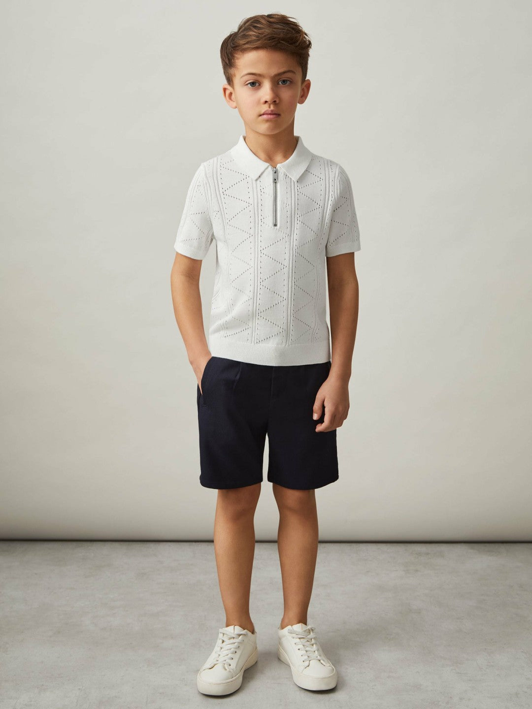 Reiss 3-9 yrs Half-Zip Pointelle Polo Shirt in Off White