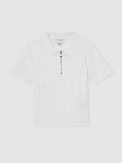 Reiss 3-9 yrs Half-Zip Pointelle Polo Shirt in Off White