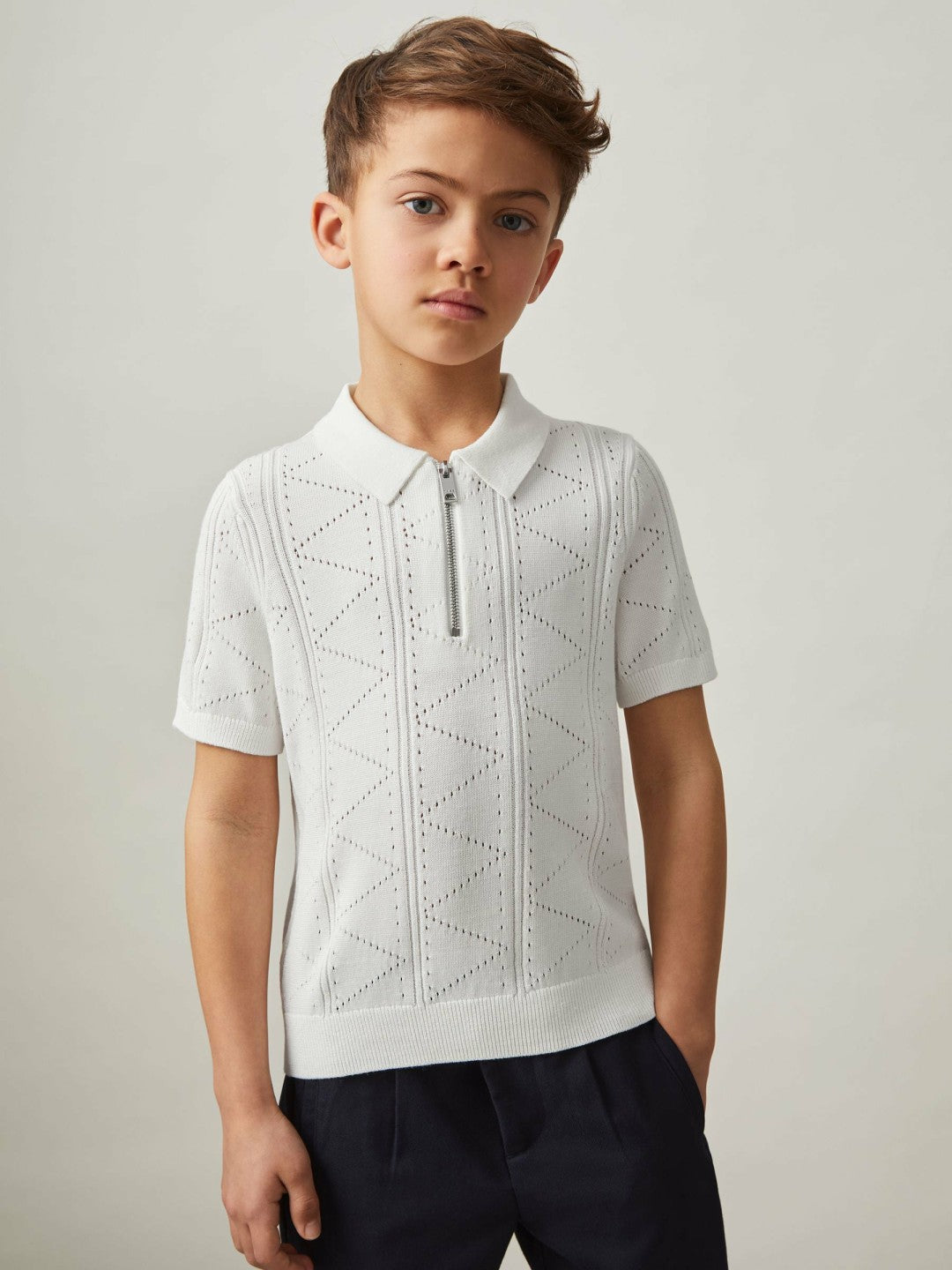 Reiss 3-9 yrs Half-Zip Pointelle Polo Shirt in Off White