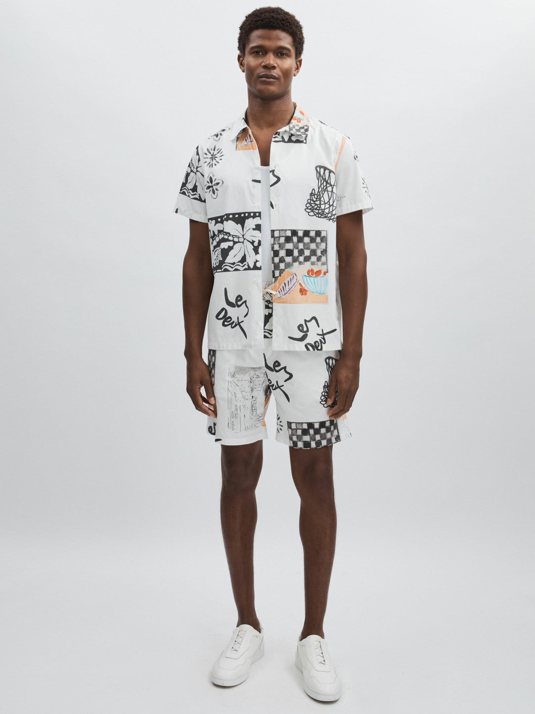 Reiss Les Deux Cotton Graphic-Print Shirt in Ivory Print