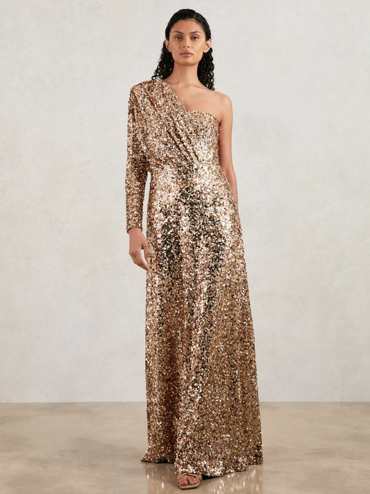 Reiss Halston Sequin One Shoulder Maxi Dress in Gold
